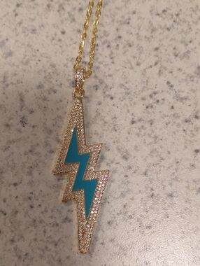 Gold Lightning Bolt Necklace with Turquoise Inlay